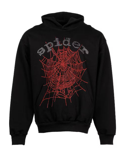 Black and Red Rhinestones Sp5der Hoodie