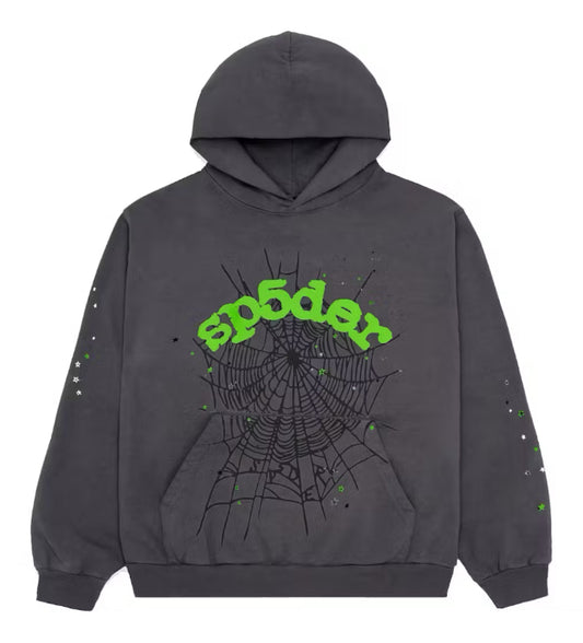 Grey and Green Sp5der Hoodie