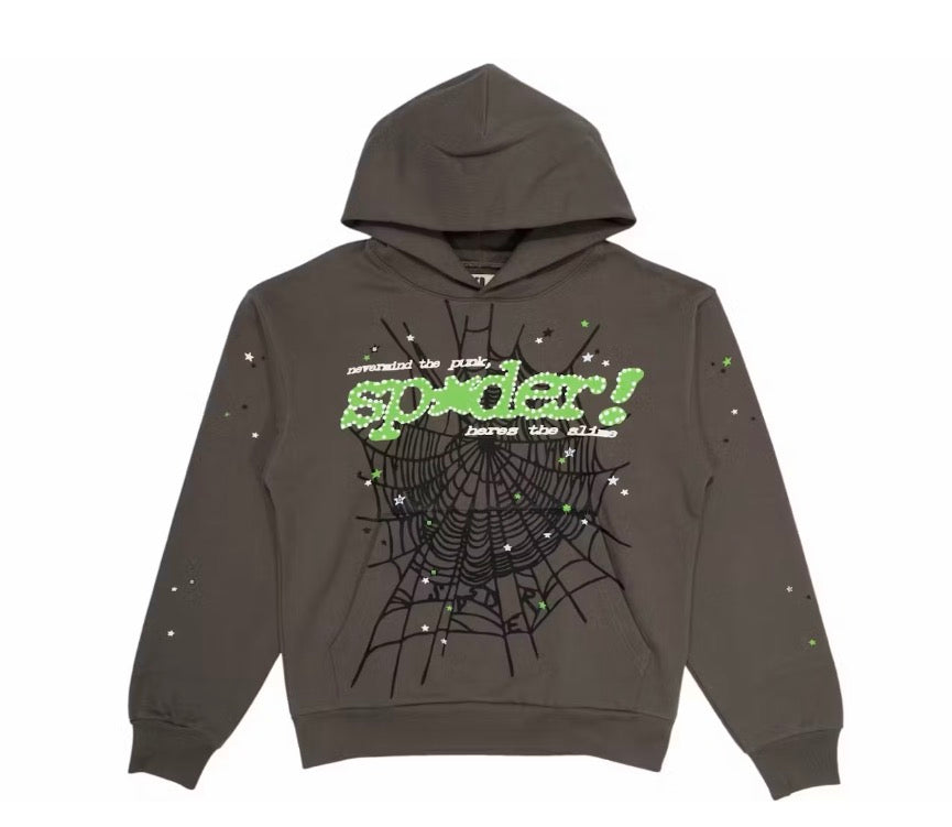 Grey and Green Sp5der Hoodie