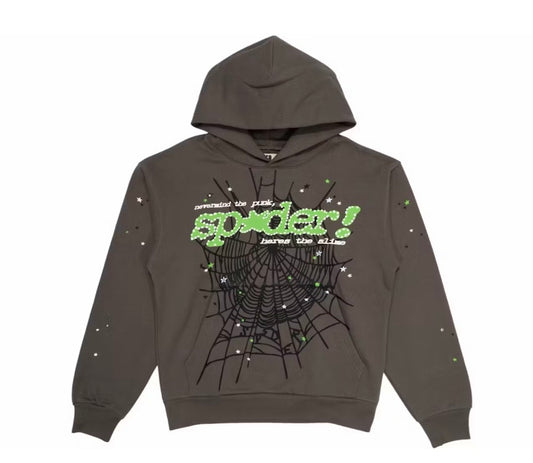 Grey and Green Sp5der Hoodie